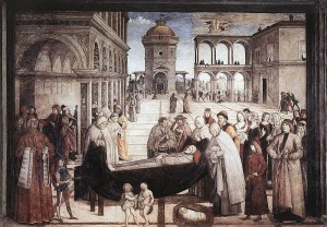 Cappella Bufalini, anno 1484-1486 circa, serie di affreschi con Storie di san Bernardino, basilica di Santa Maria in Aracoeli, Roma.